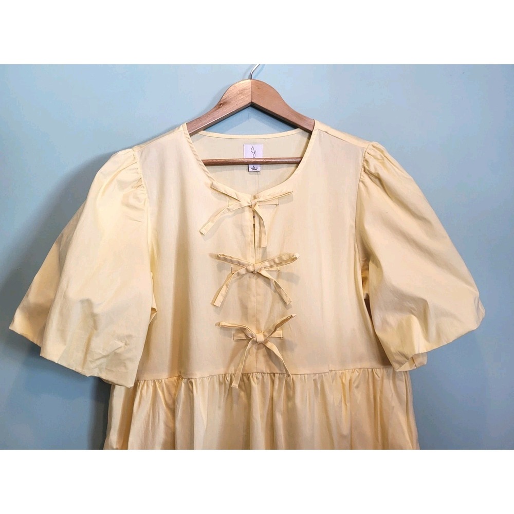 New Joie Butter Yellow Babydoll Puff Sleeve Bow Pockets Dress Sz L - Picture 2 of 8